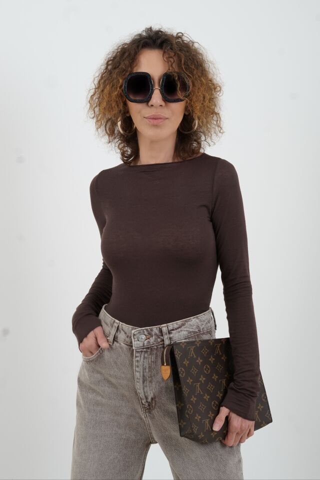 Kahve Kayık Yaka Modal Kaşmir Bluz