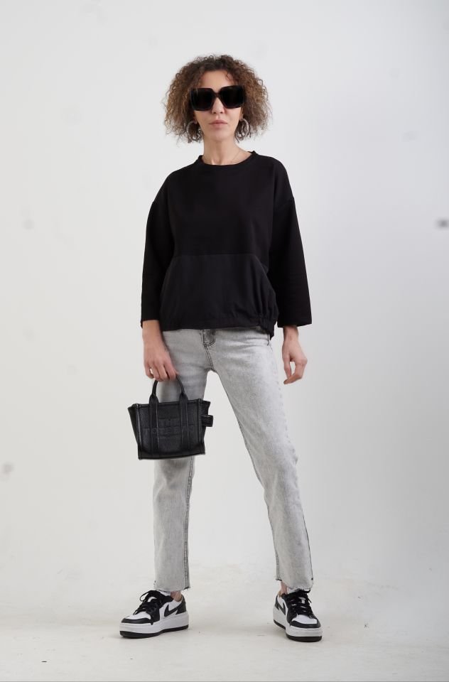 Siyah Arkası Dügmeli Poplin Mix Sweatshirt