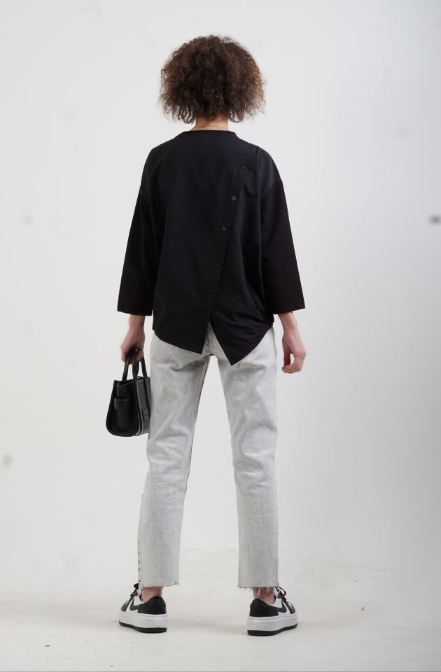 Siyah Arkası Dügmeli Poplin Mix Sweatshirt
