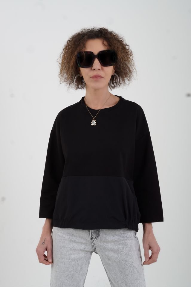 Siyah Arkası Dügmeli Poplin Mix Sweatshirt