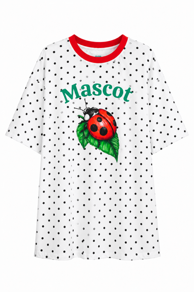 Beyaz Mascot Baskılı Puantiye Oversize Tshirt