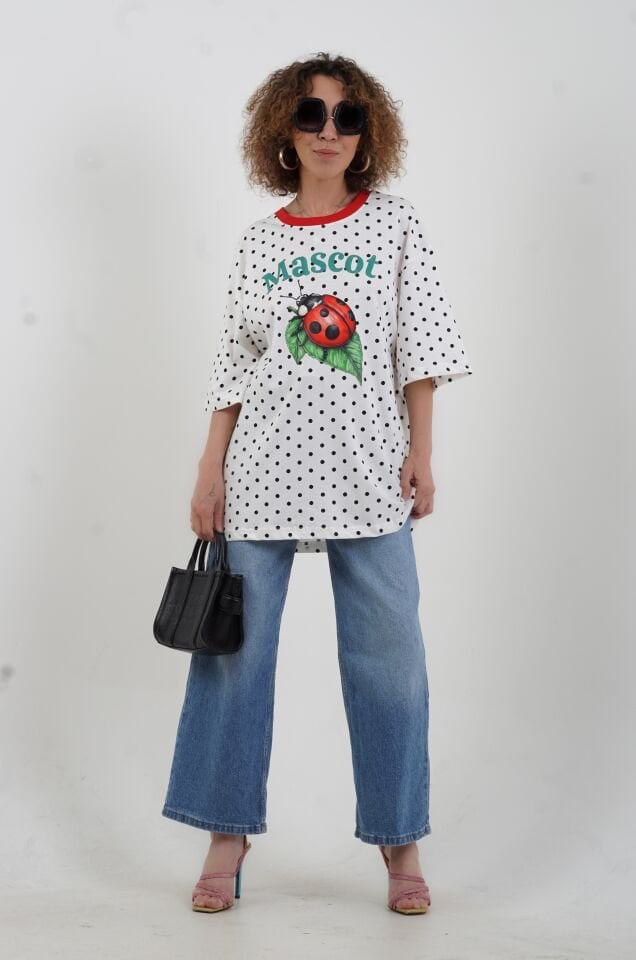 Beyaz Mascot Baskılı Puantiye Oversize Tshirt