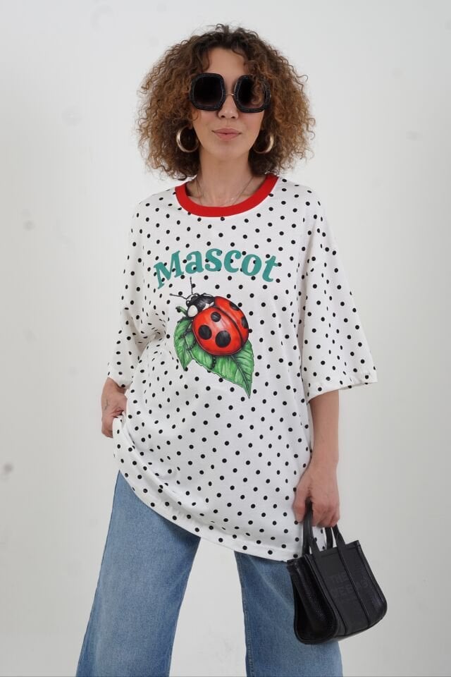 Beyaz Mascot Baskılı Puantiye Oversize Tshirt
