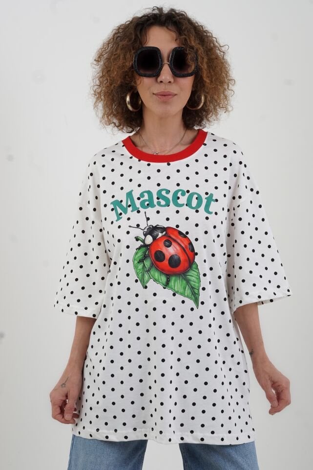 Beyaz Mascot Baskılı Puantiye Oversize Tshirt