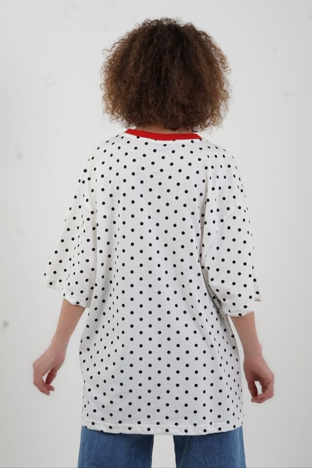 Beyaz Mascot Baskılı Puantiye Oversize Tshirt