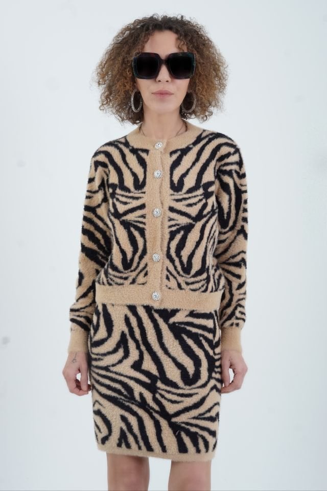 Zebra Desen Hırka Etek Triko Takım