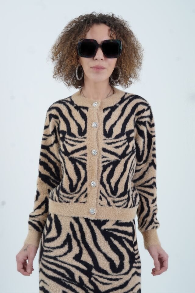Zebra Desen Hırka Etek Triko Takım