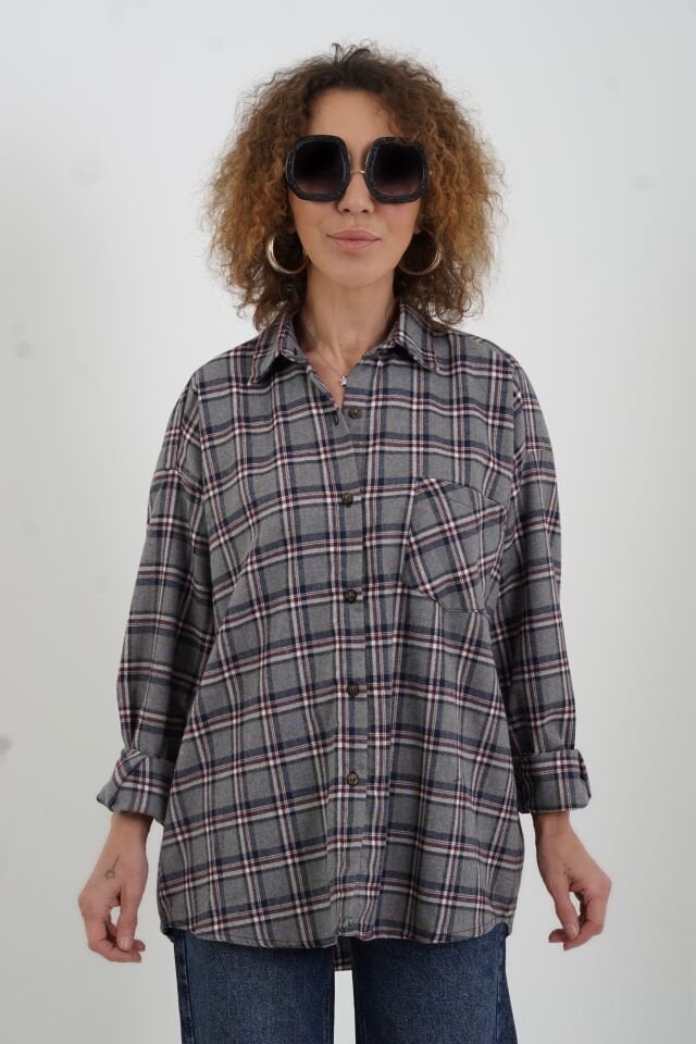 Gri Ekose Oversize Gömlek