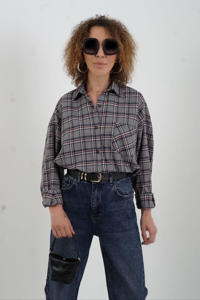 Gri Ekose Oversize Gömlek