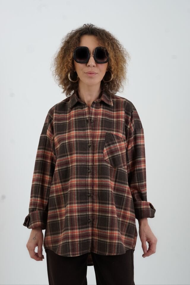 Kahve Ekose Oversize Gömlek