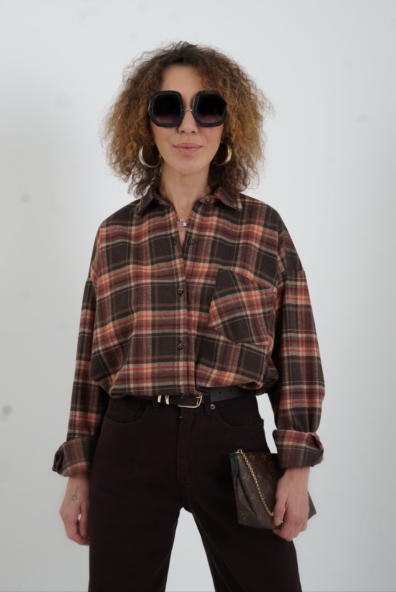 Kahve Ekose Oversize Gömlek