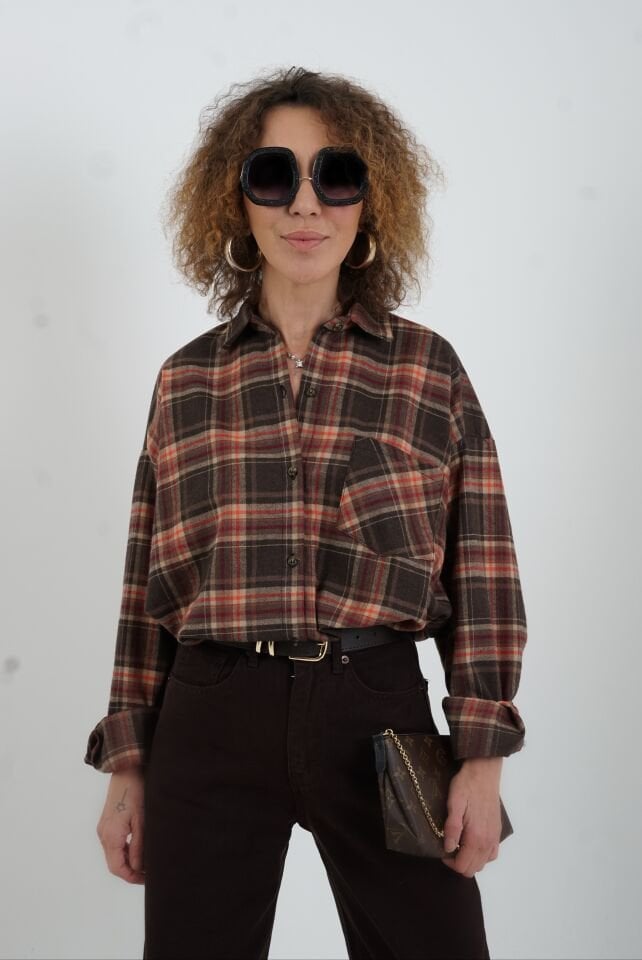 Kahve Ekose Oversize Gömlek