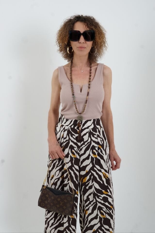 Kahve Zebra Desen Bol Paça Pantolon