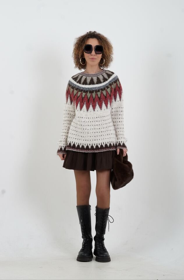 Ekru İskandinav Desenli Kazak