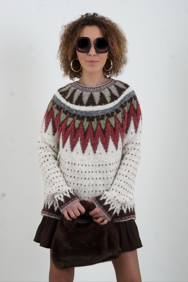 Ekru İskandinav Desenli Kazak