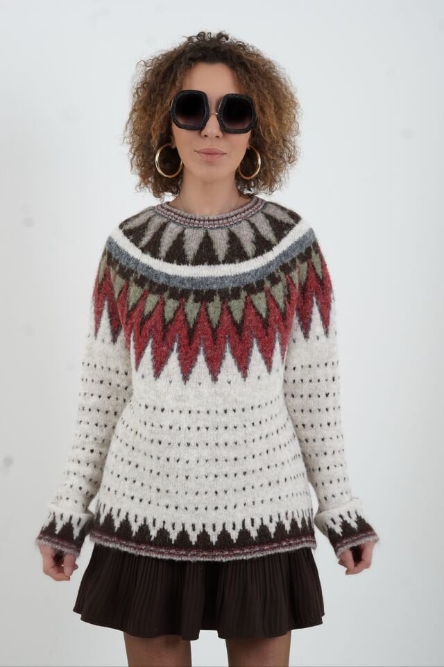 Ekru İskandinav Desenli Kazak