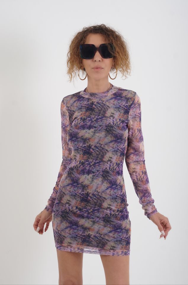 Soyut Desen Sırt Dekolte Mini  Tül Elbise