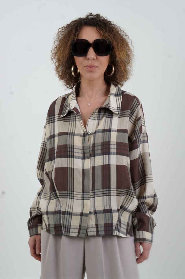 Kahve Ekose Oversize Kısa Gömlek