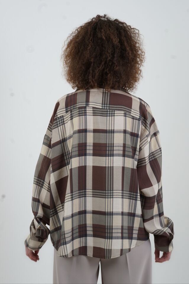 Kahve Ekose Oversize Kısa Gömlek