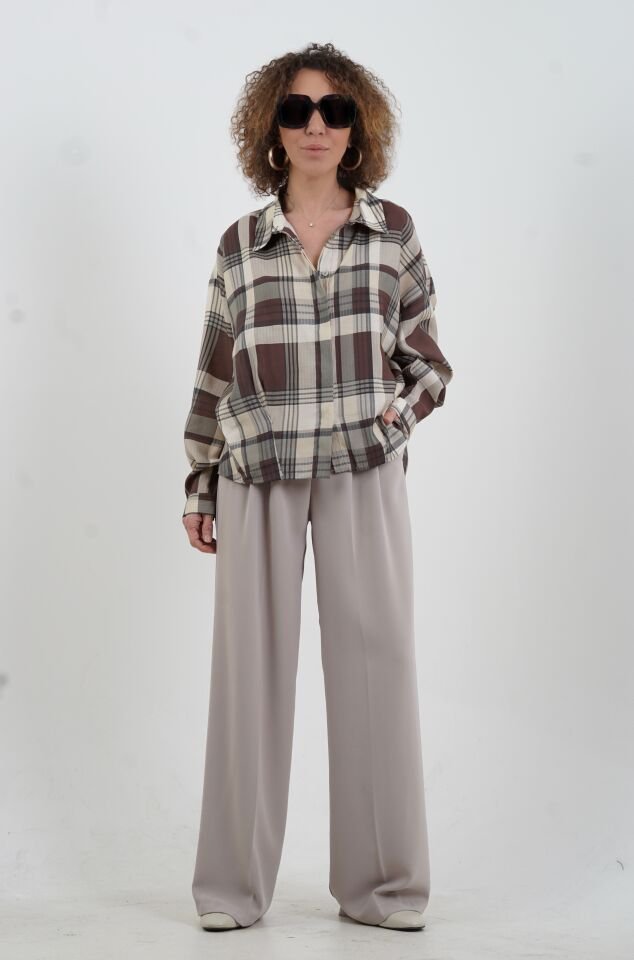 Kahve Ekose Oversize Kısa Gömlek