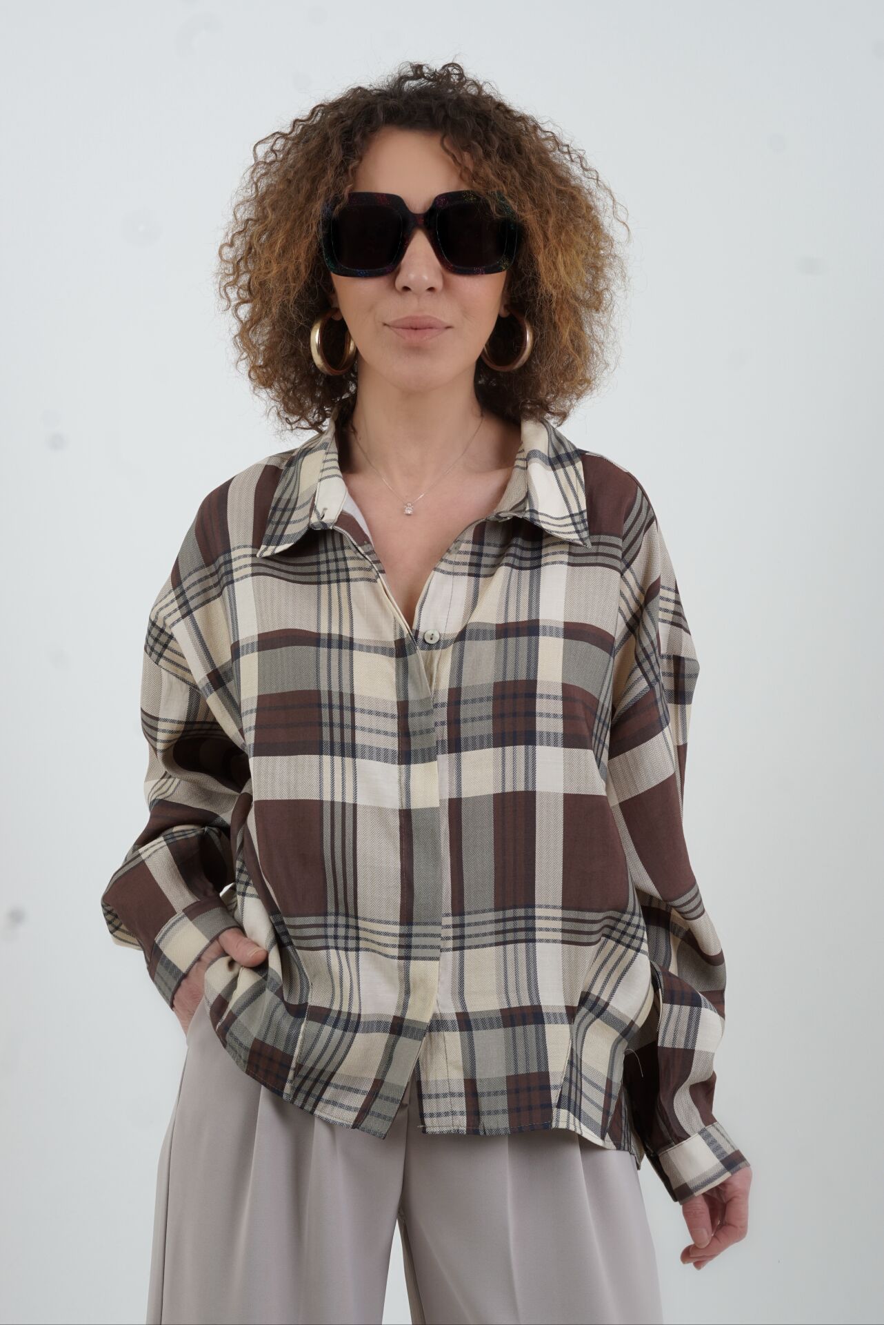 Kahve Ekose Oversize Kısa Gömlek