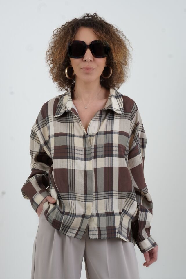 Kahve Ekose Oversize Kısa Gömlek