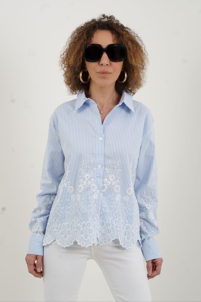 Mavi Nakışlı Çizgili Gömlek