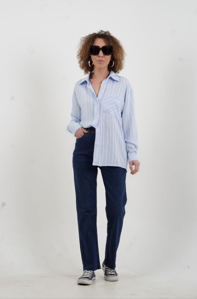 Mavi Çizgili Oversize Gömlek