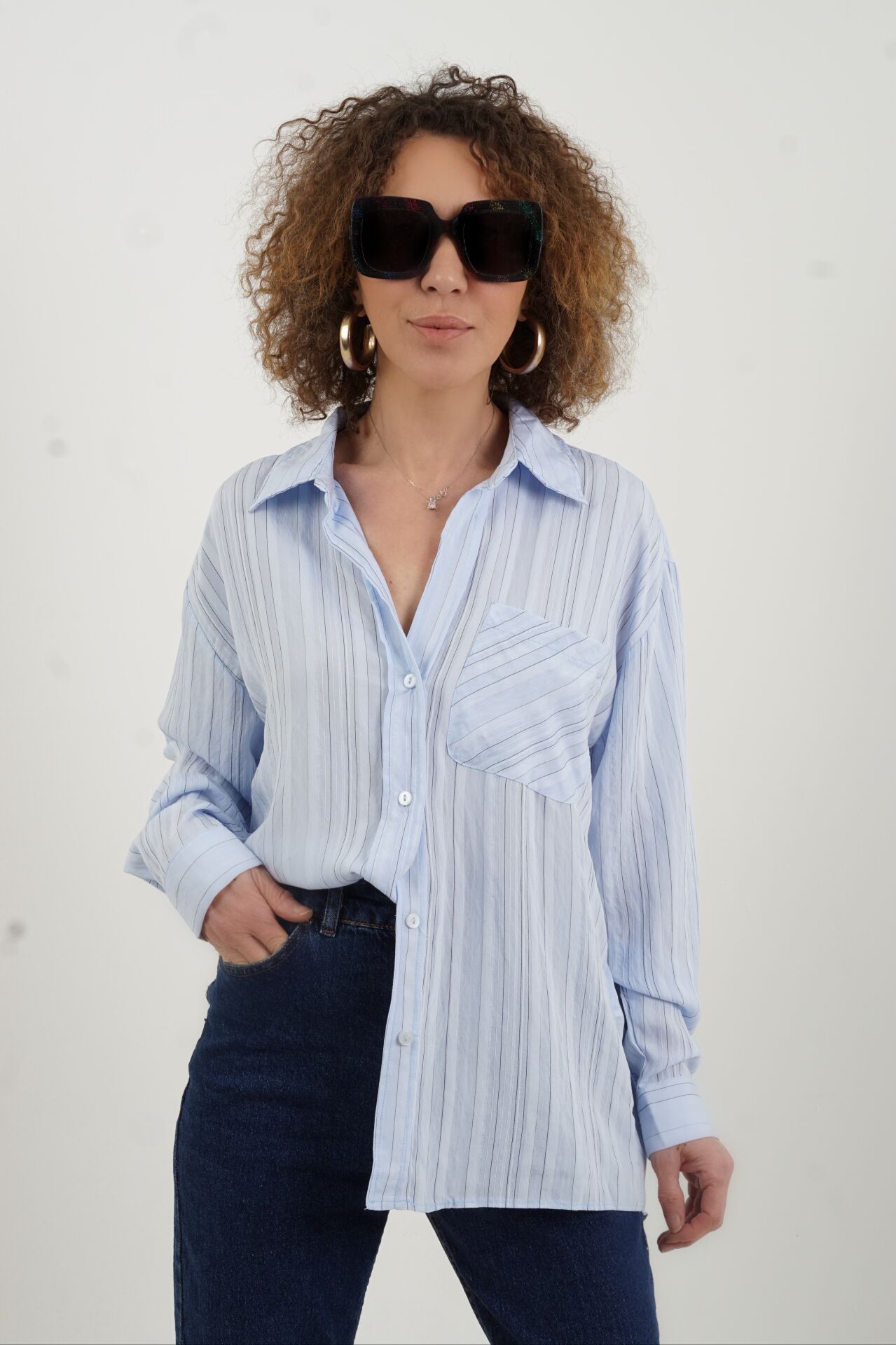 Mavi Çizgili Oversize Gömlek