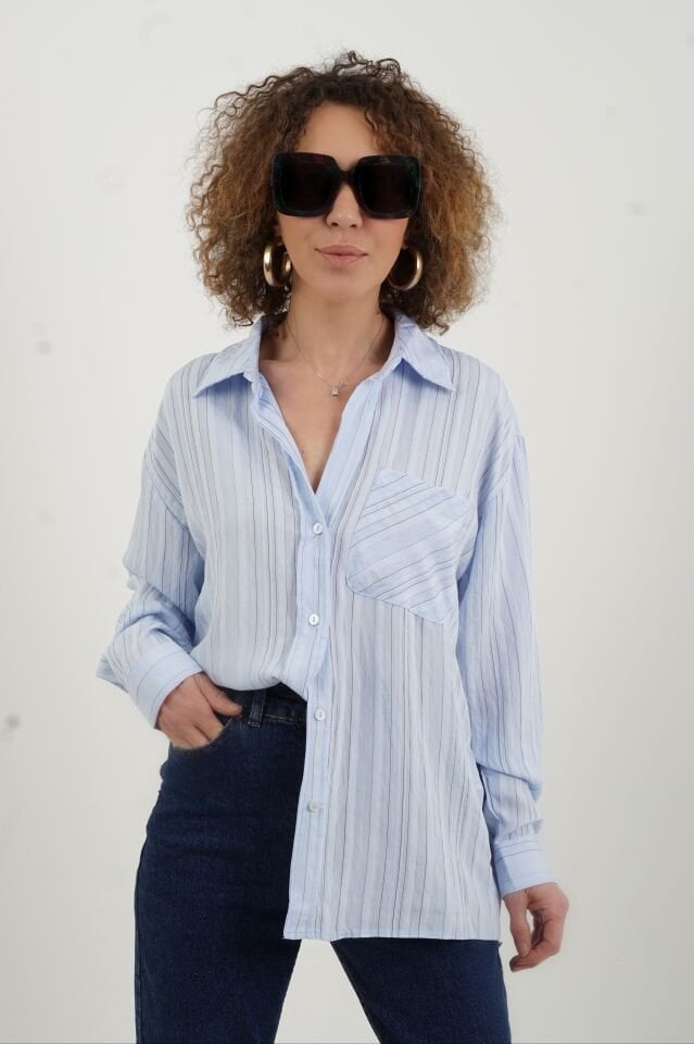 Mavi Çizgili Oversize Gömlek