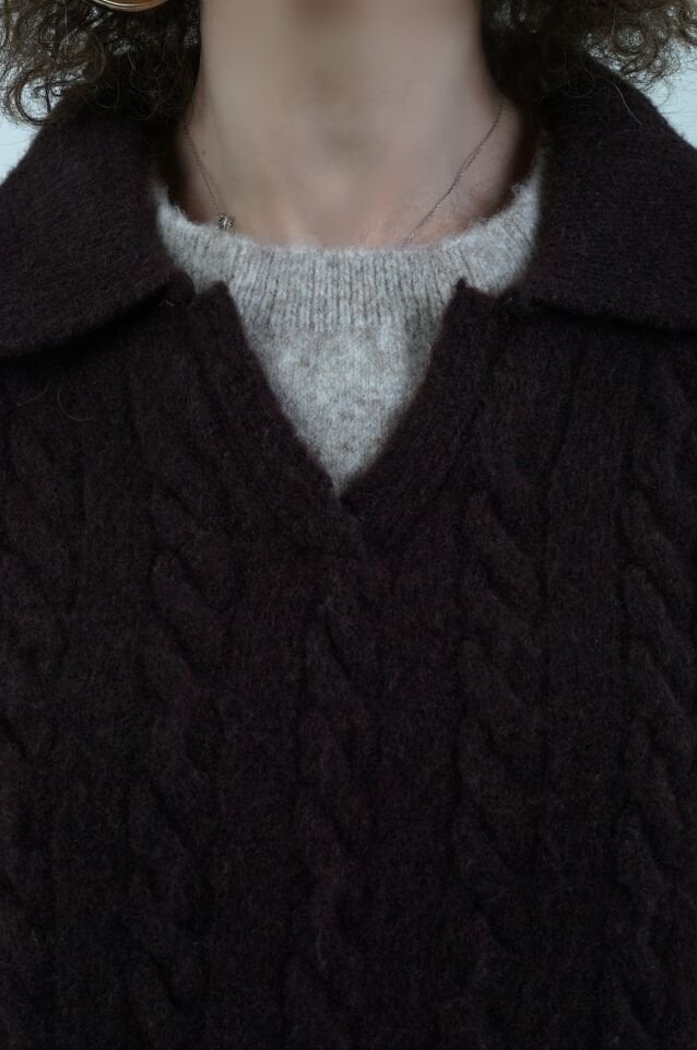 Kahve Polo Yaka Saç Örgülü Kazak