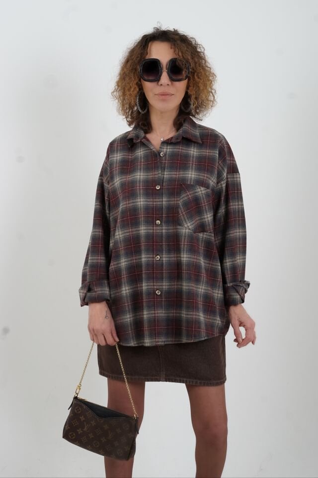 Bordo Ekose Oversize Gömlek