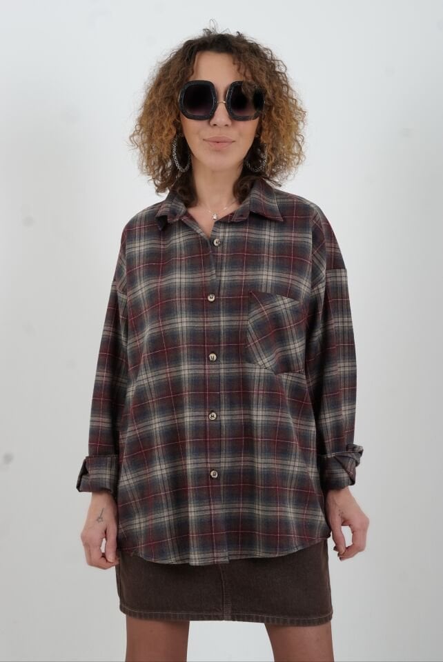Bordo Ekose Oversize Gömlek