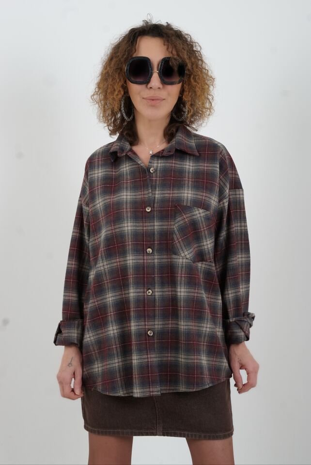 Bordo Ekose Oversize Gömlek
