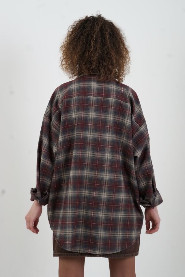 Bordo Ekose Oversize Gömlek