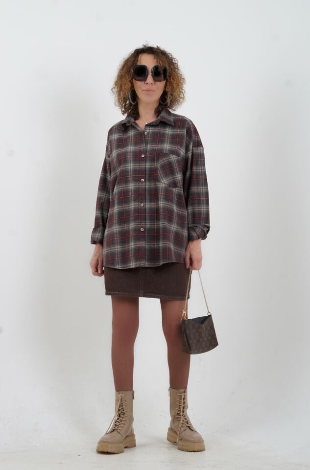 Bordo Ekose Oversize Gömlek