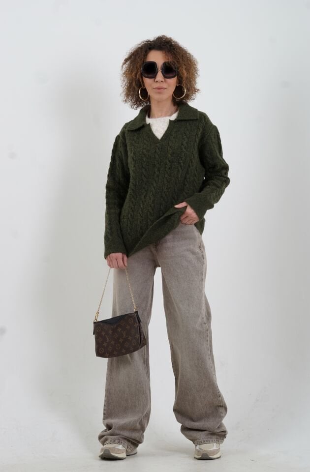 Haki Polo Yaka Saç Örgülü Kazak