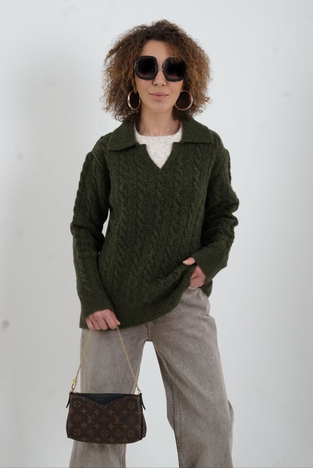 Haki Polo Yaka Saç Örgülü Kazak