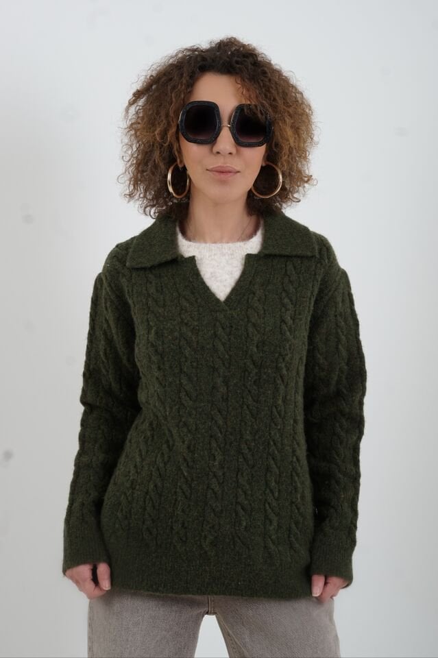 Haki Polo Yaka Saç Örgülü Kazak