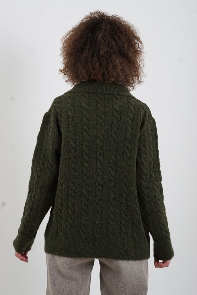 Haki Polo Yaka Saç Örgülü Kazak