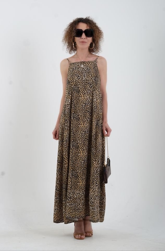 Leopar Desenli İnce Askılı Elbise