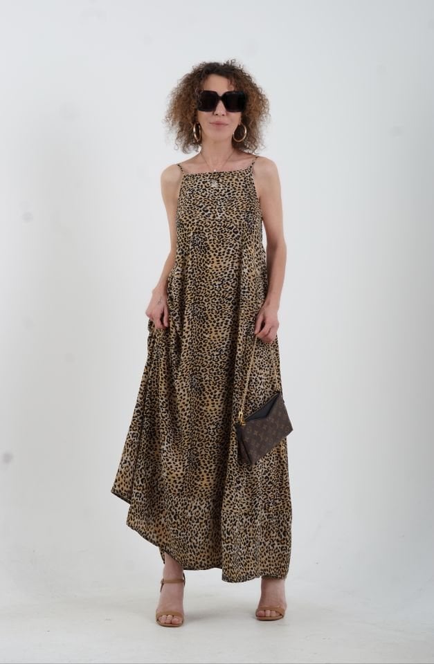 Leopar Desenli İnce Askılı Elbise