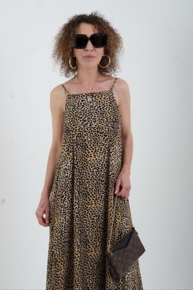 Leopar Desenli İnce Askılı Elbise