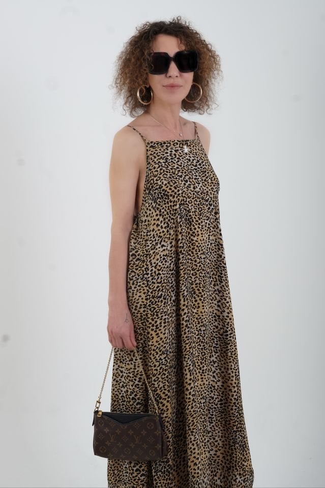 Leopar Desenli İnce Askılı Elbise
