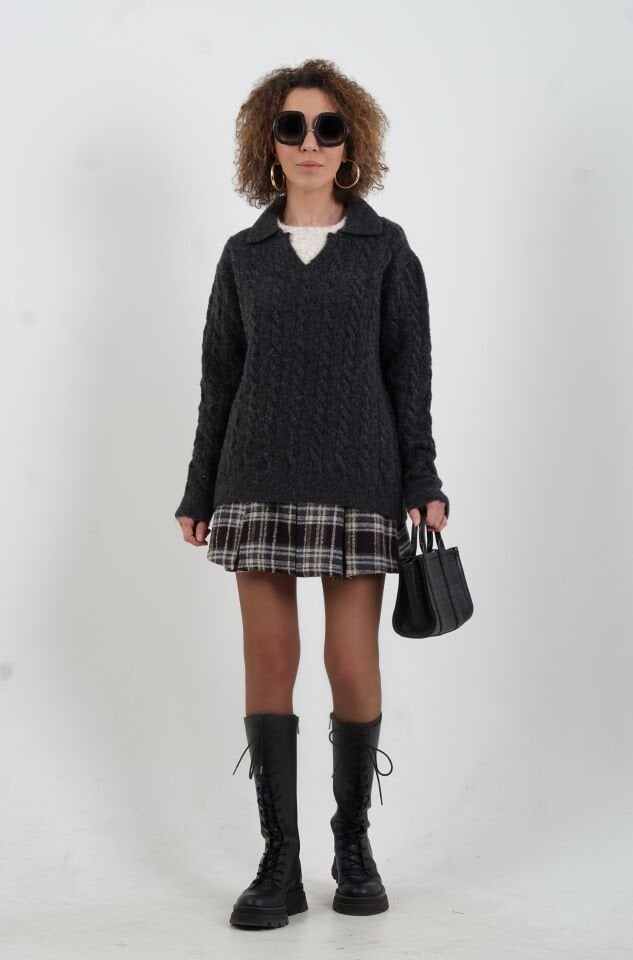 Antrasit Polo Yaka Saç Örgülü Kazak