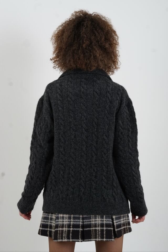 Antrasit Polo Yaka Saç Örgülü Kazak