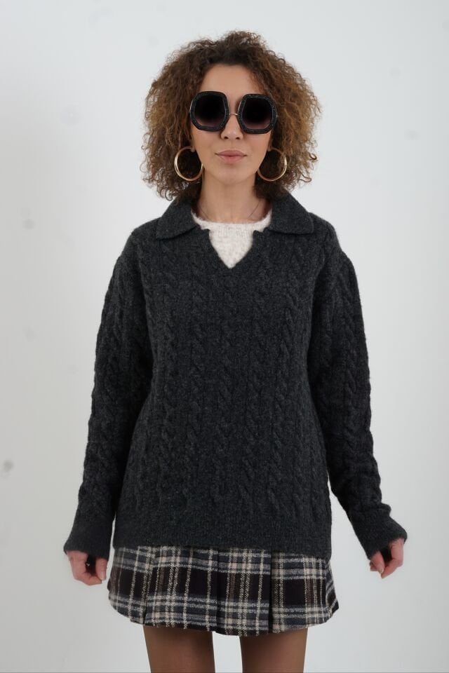 Antrasit Polo Yaka Saç Örgülü Kazak