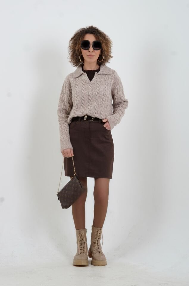 Vizon Polo Yaka Saç Örgülü Kazak