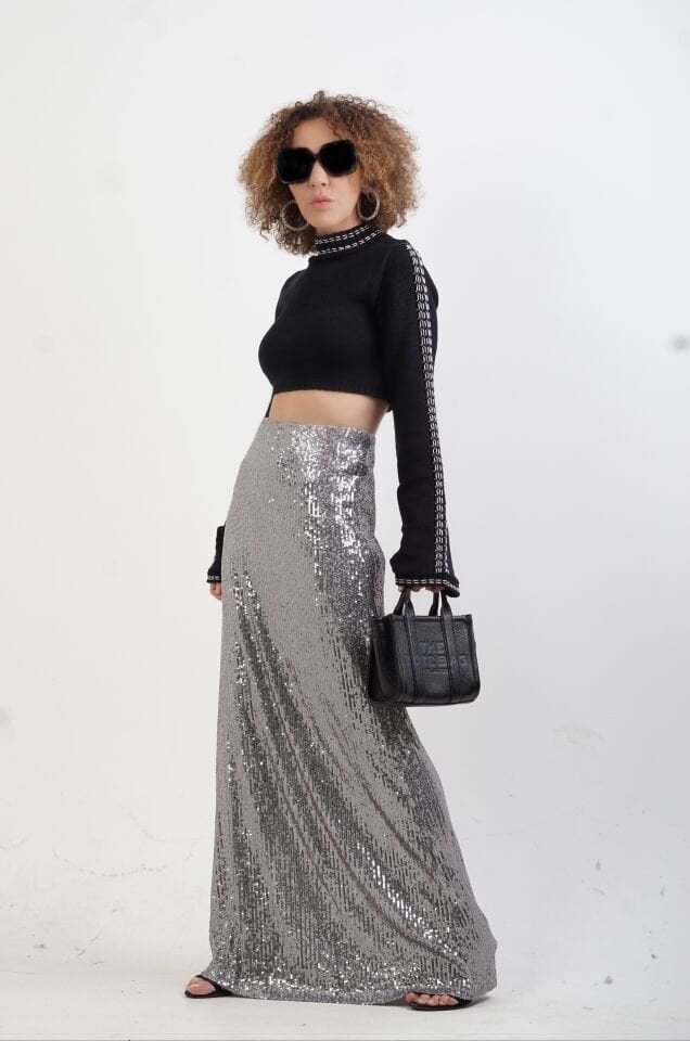 Gri Pul Payetli Yarım Astarlı Maxi Etek
