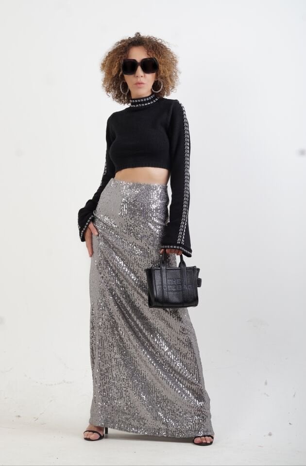 Gri Pul Payetli Yarım Astarlı Maxi Etek